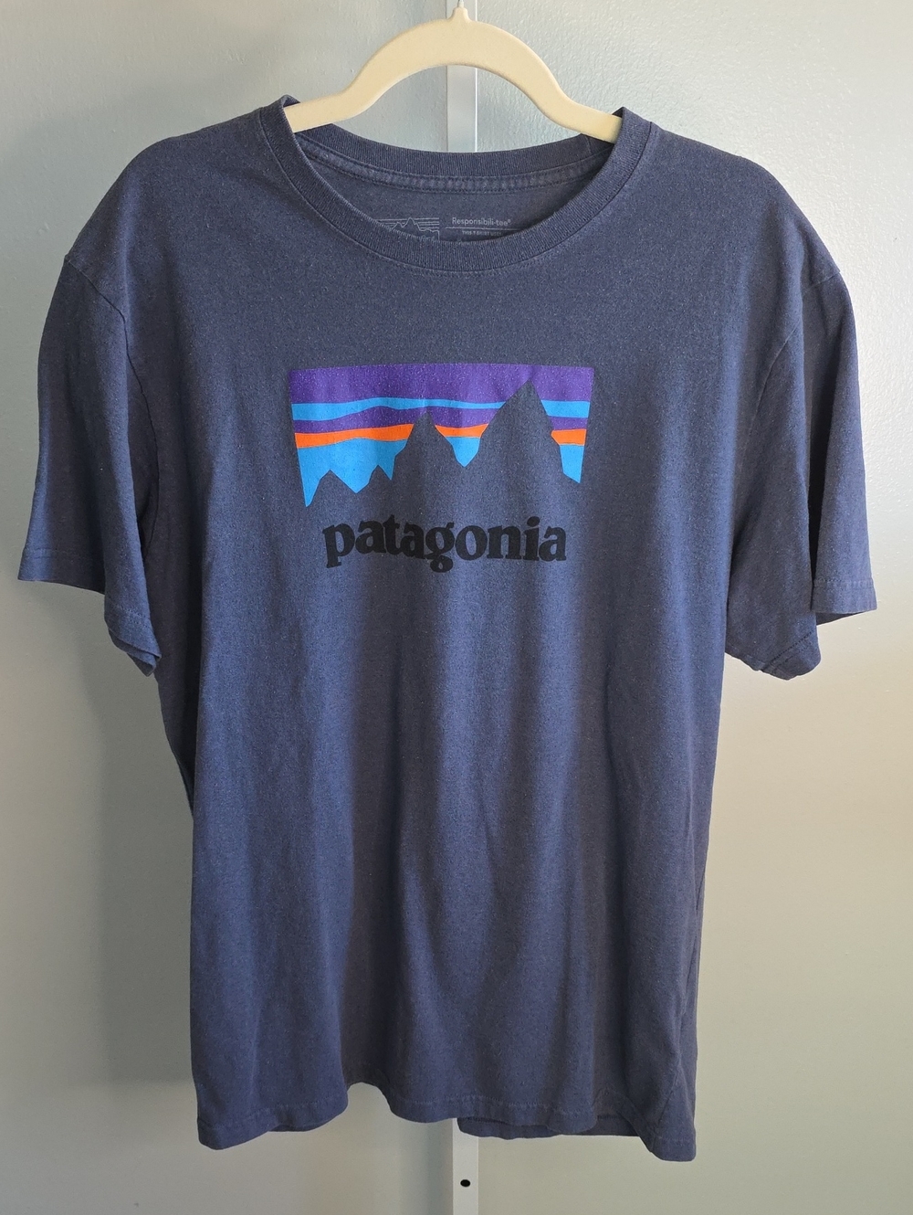 Patagonia Navy Short-Sleeve Logo Tee with Purple, Blue & Orange Graphic / Large